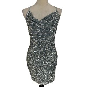 Rene The Label Silver Sequin Sparkly Mini Dress Cowl Neck Holiday Cocktail 0